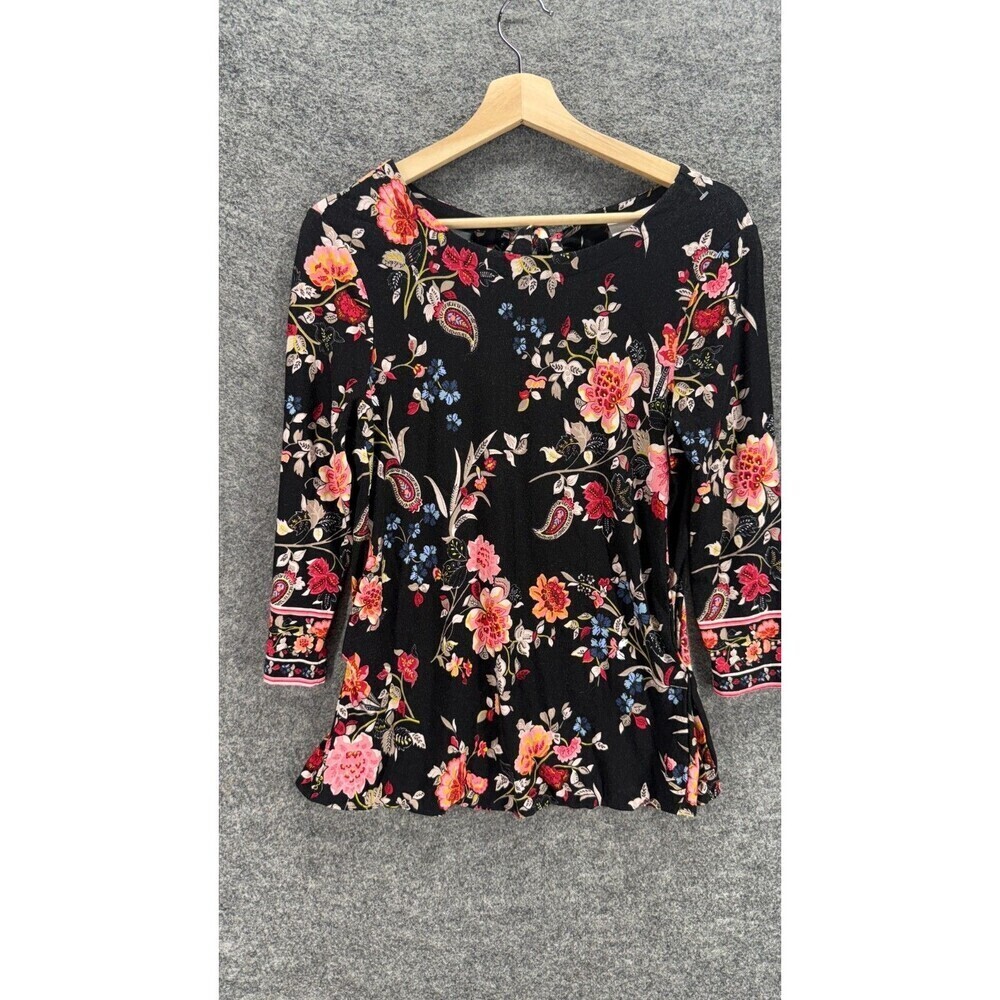 Loft Blouse Women S Small Black Floral Long Sleeve Round Neck Pullover Casual